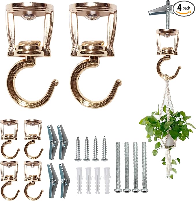 Ceiling Hooks for Hanging Plants (4 PCS Gold),Heavy Duty Metal Plant Hooks, Screw in Hooks for Hanging Birdfeeders, Lamps, Planters, Outdoor Decorative Hooks up to 33 lbs-VerdiqueGarden