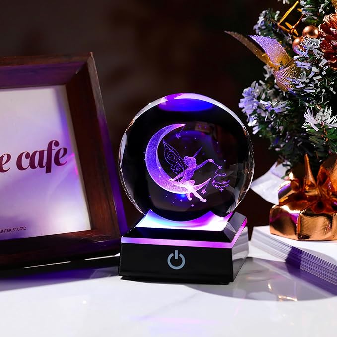 Qianwei Moon Fairy 3D Crystal Ball Laser Engraved Fairy Glass Ball Fairy Night Light Decorative Globes 3D Crystal Moon Sphere Fairy Gifts for Girl Her Fairy Lover-VerdiqueGarden