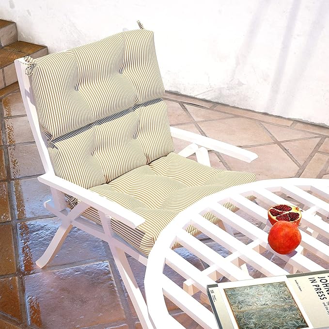 LVTXIII Outdoor Seat and Back Chair Cushion Patio Tufted High Back Cushion with Ties, Seasonal Replacement Rocking Chair Cushion for Home Office Garden Use, 44” L x 22” W, Set of 2, Stripe Beige-VerdiqueGarden