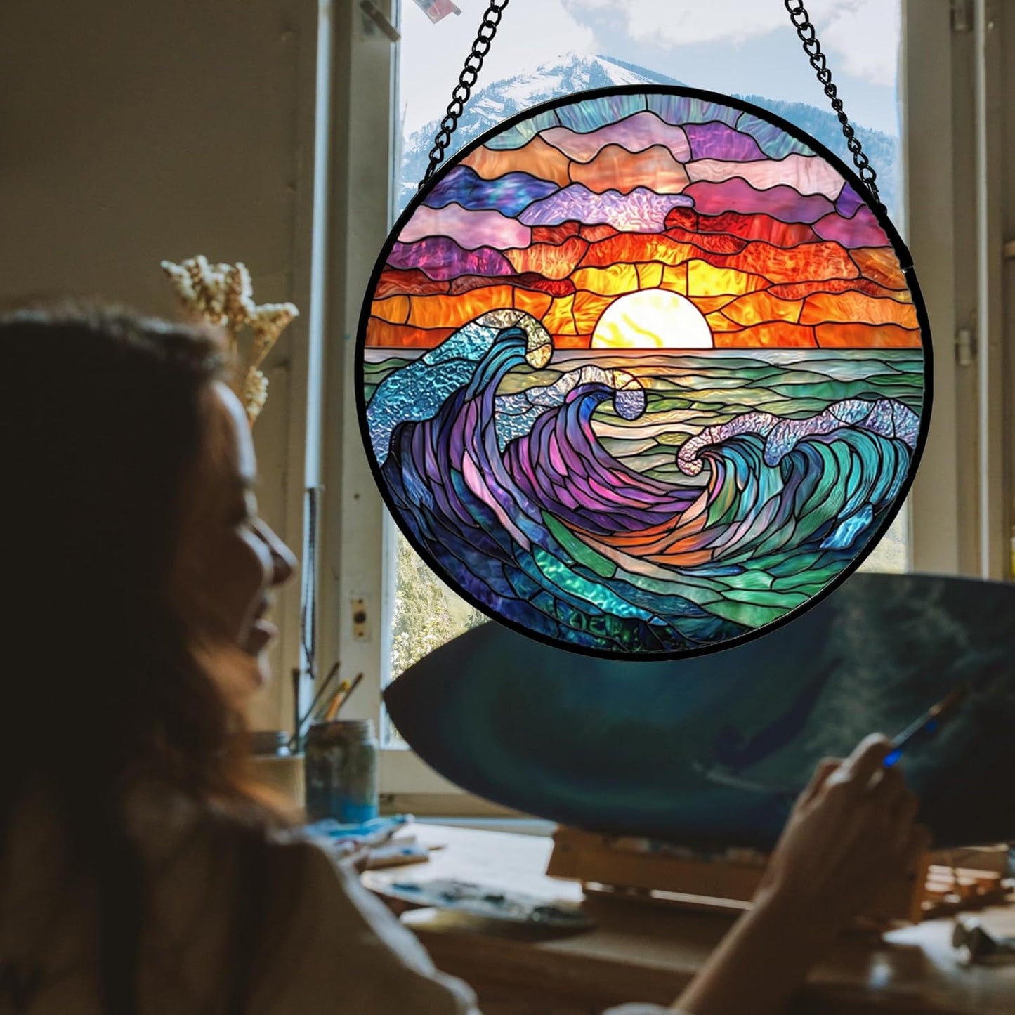 Stained Glass Window Hanging, Clouds and Sea Waves Suncatcher Diamond Glass Panel Hangings Scenery Sun Catchers Decor for Birthday for Women, Men, Wife, Aunt, and Mom 14.9 in-VerdiqueGarden