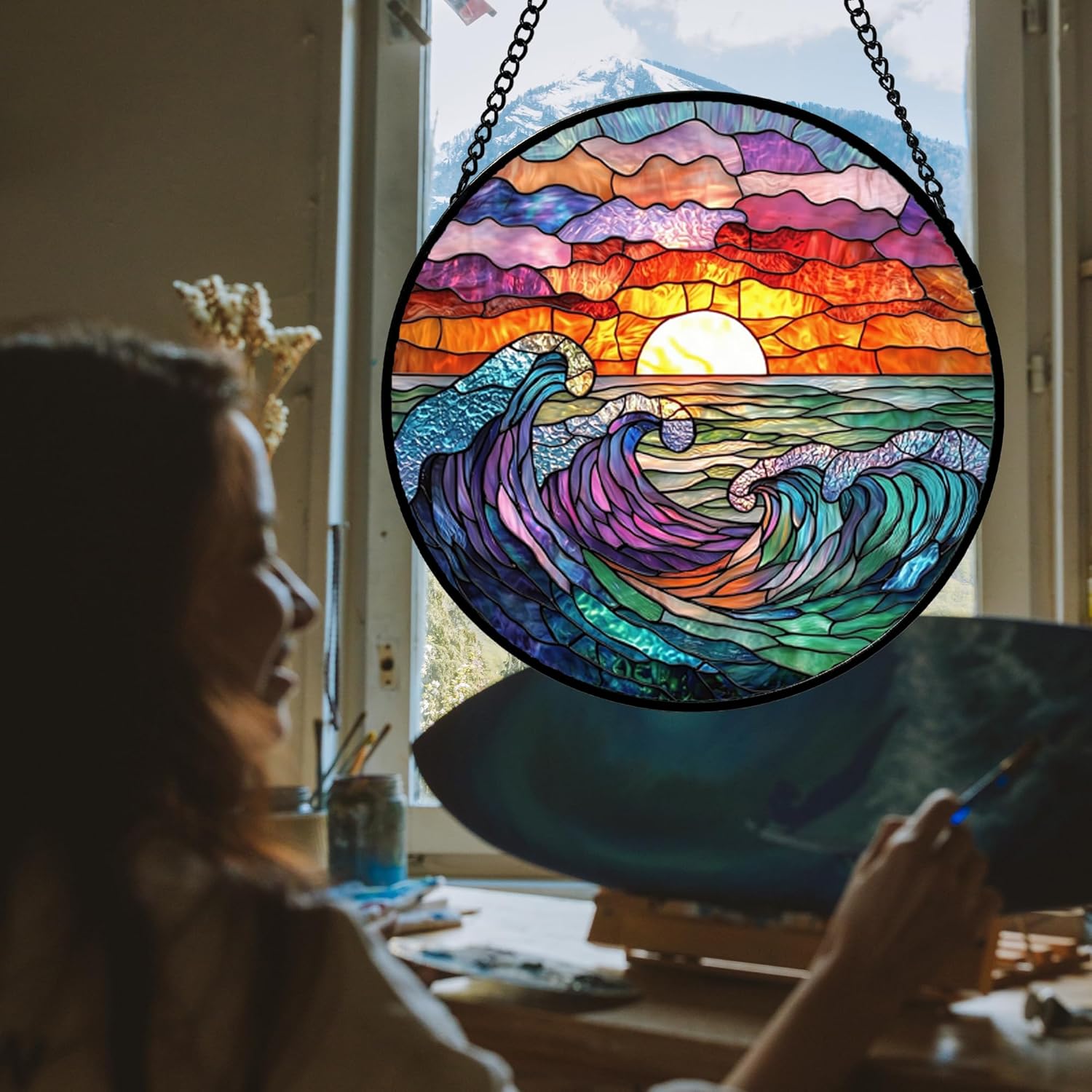 Stained Glass Window Hanging, Clouds and Sea Waves Suncatcher Diamond Glass Panel Hangings Scenery Sun Catchers Decor for Birthday for Women, Men, Wife, Aunt, and Mom 14.9 in-VerdiqueGarden