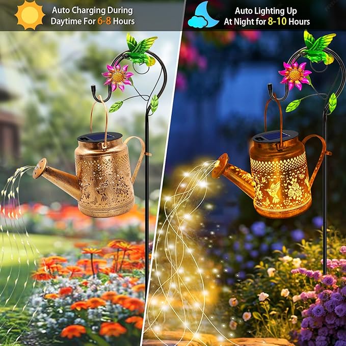 Solar Lanterns Outdoor Waterproof,Hummingbird Watering Can Garden Decor,Hanging Solar Path Lights Yard Art,Outside Patio Decorations Gardening Birthday Gifts for Mom Grandma Women with Shepherd Hook-VerdiqueGarden