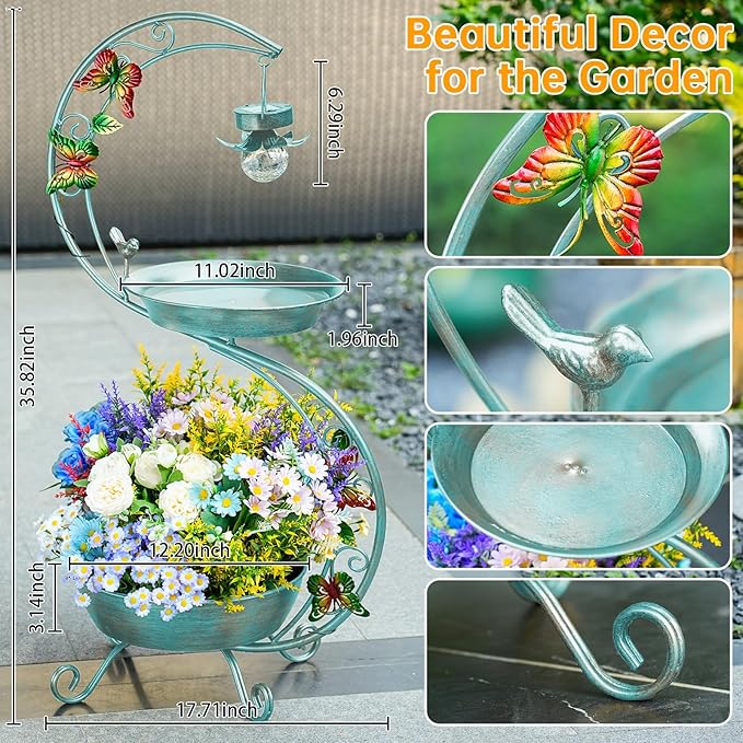 Bird Bath for Outside with Solar Lamp, 36" Birdbaths for Outdoors with Planter Flower Pot, Metal Bird Bath Bowl for Garden Yard Decor (All Blue Green)-VerdiqueGarden
