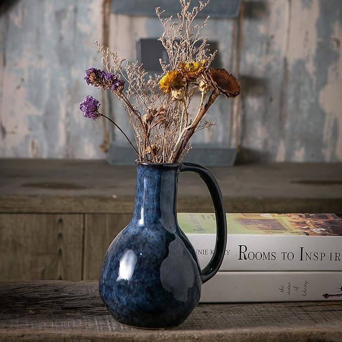 Blue Ceramic Vase with Big Handles, Modern Farmhouse Decor, Rustic Pottery for Flowers, Decorative Terracotta Centerpiece for Dining Table-VerdiqueGarden