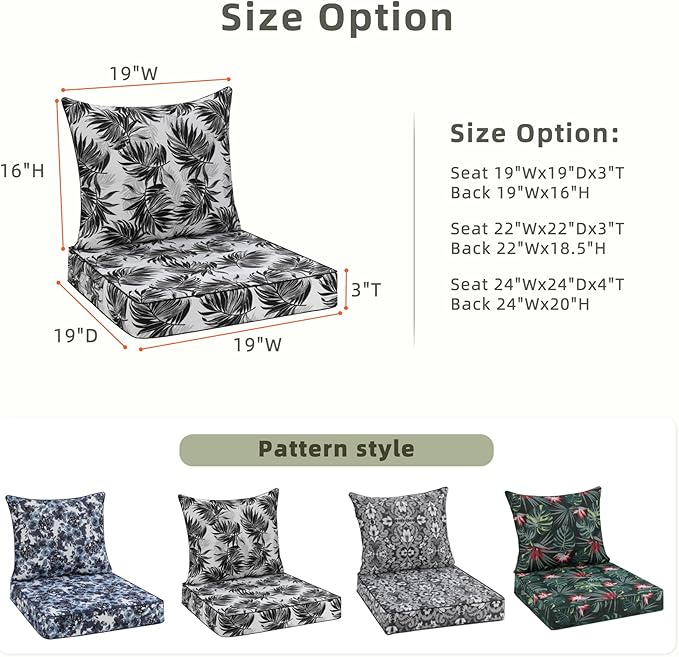 Favoyard Outdoor Seat Cushion 19 x 19 x 3 in Waterproof Pattern Fade Resistant Cover Removable Patio Furniture Cushions Deep Seat & Back Cushion Set with Adjustable Straps for Patio Chair Sofa Couch-VerdiqueGarden