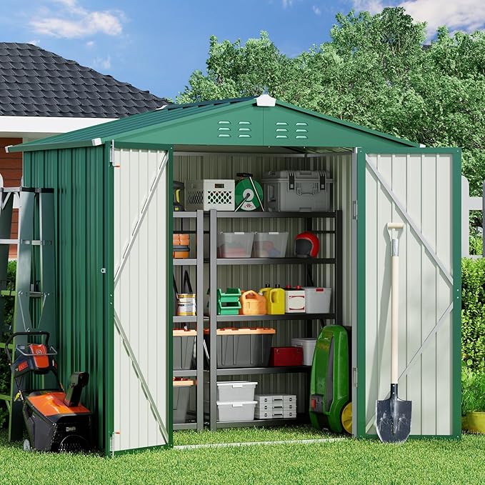 Gizoon Outdoor Storage Shed 6 x 4 FT, Galvanized Metal Garden Shed with Double Lockable Doors, Outdoor Storage Clearance for Backyard Patio Lawn-Green-VerdiqueGarden