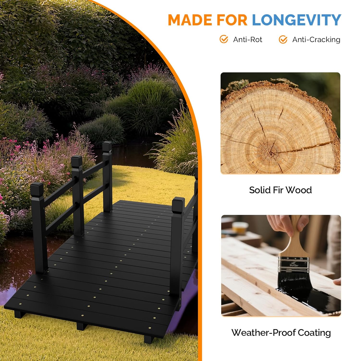 VINGLI Garden Bridge, Classic Wooden Arch with Safety Rails Footbridge (Black, 5 ft)-VerdiqueGarden