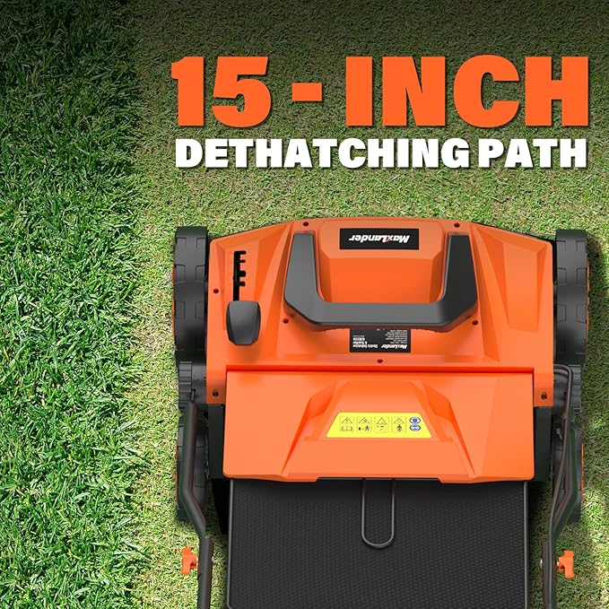 MAXLANDER 15” 13 Amp Electric Dethatcher and Scarifier, 2-in-1 Lawn Dethatcher with 5-Position Depth Adjustment, 45L Removable Collection Bag, Airboost Technology Increases Lawn Health-VerdiqueGarden