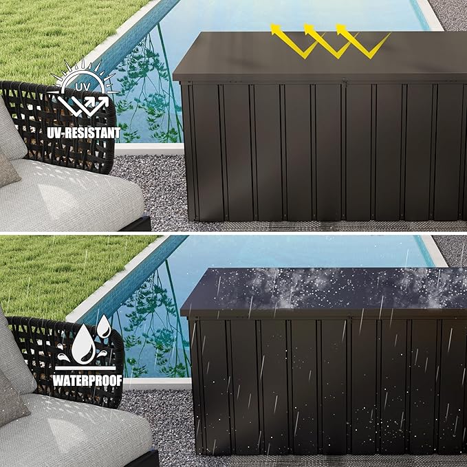 Domi Outdoor Storage Deck Box 120 Gallon, Waterproof Lockable Steel Outdoor Storage Container for Outside Cushions, Garden Tools and Pools Equipment, (Brown)-VerdiqueGarden