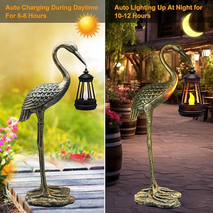 Solar Garden Statue Crane Figurine, Outdoor Hanging Solar Lanterns, Blue Heron Sculpture Statue for Patio, Yard, Lawn, Porch, Garden Decor for Outside Gifts for Christmas Mom, Women, Mother's Day-VerdiqueGarden