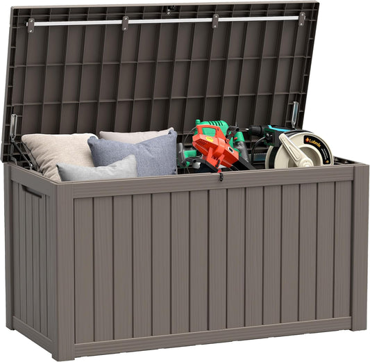 150 Gallon Resin Deck Box, Large Indoor and Outdoor Storage Box, Weatherproof and UV Resistant Outdoor Storage Box with Built-in Steel Beams for Patio, Cushions, Pool Supplies-VerdiqueGarden