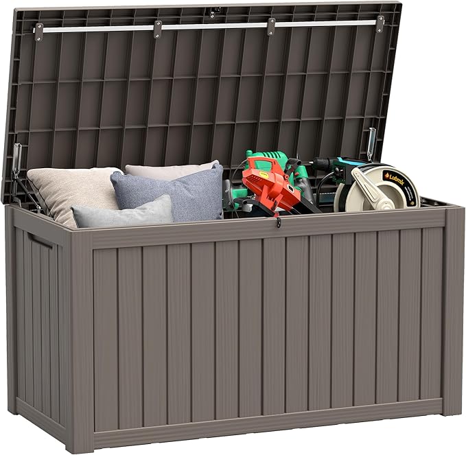 KAMABOKO Outdoor Storage Box, 150 Gallon Large Outdoor Resin Deck Box, Storage Waterproof Boxes Lockable Lid for Garden Tools, Pool Supplies, Patio Furniture and Cushions, Grey-VerdiqueGarden