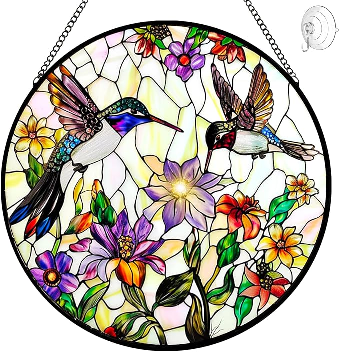 Hummingbird Suncatcher Stained Glass Window Hanging - Bird and Flowers Suncatchers for Windows - Sun Catchers Indoor Window Wall Art Home Decor Panel - Hummingbird Gifts for Women Men Mom Bird Lovers-VerdiqueGarden