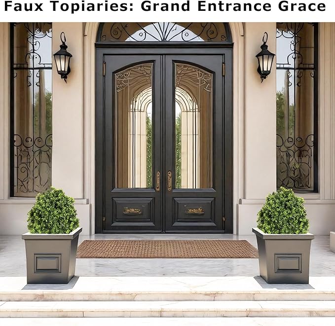 27“ Realistic Artificial Boxwood Topiary Trees Set of 2, Faux Boxwood Plants Outdoor UV-Resistant, No Maintenance Curb Appeal Fake Evergreen Bushes & Shrubs for Front Porch Outside Planter Decor-VerdiqueGarden