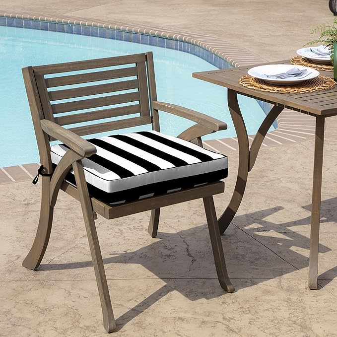 Arden Seat Cushion, 21 x 21, Rain-Proof, Fade Resistant, Cushion for Patio Dining, Adirondack, and Outdoor Chairs Black Cabana Stripe-VerdiqueGarden