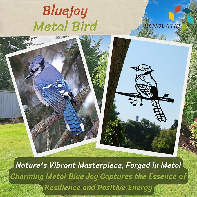 Renovatio Metal Bird Decor – Rustic Bluejay Decoration, Metal Garden Sculpture, Outdoor Tree Ornaments – A Unique Outdoor Yard Decor – Bluejay (Black)-VerdiqueGarden