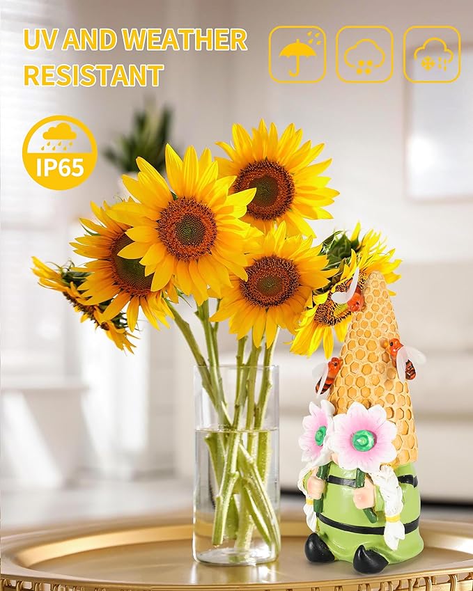 iStatue Solar Garden Gnome Figurine Light with Bees Sunflower, 9.5'' Resin Outdoor Statue for Yard Patio Decor Lawn Ornaments Porch Garden Gifts for Women/Girl (Ms Bee Gnome)-VerdiqueGarden