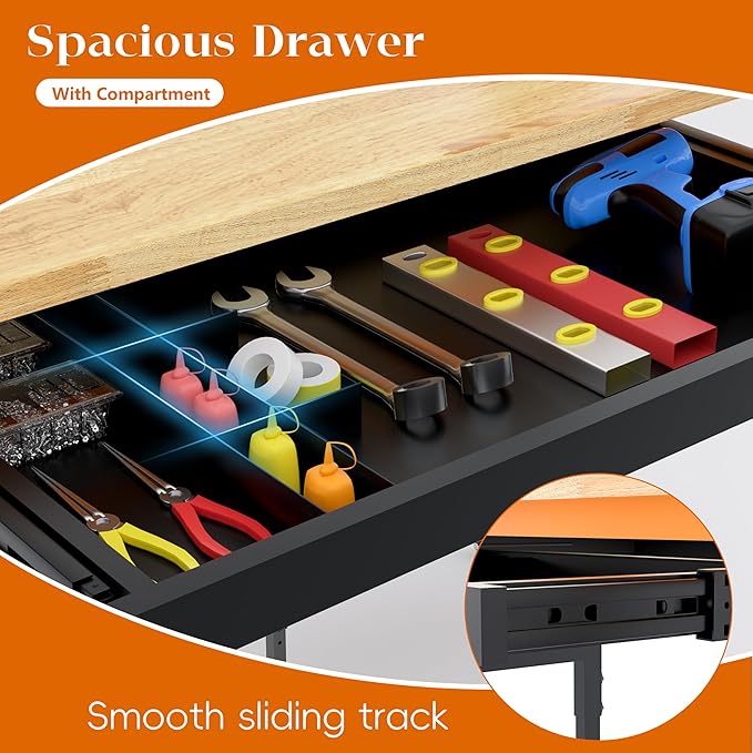 60" Adjustable Height Workbench, 2000 LBS Heavy Duty Work Table with Power Outlets & Pegboard, Rubber Wood Workstation for Garage, Workshop, Office, Home, Commercial-VerdiqueGarden