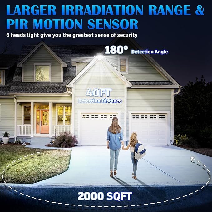Solar Motion Sensor Flood Lights Outdoor - 496LEDs 3500LM 3 Lighting Modes 3 Levels Brightness, 6 Heads 360° Illumination, IP65 Waterproof Solar Security Lights,for Porch Yard Patio Garage-VerdiqueGarden