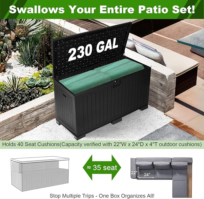 270 Gallon Outdoor Storage Box Waterproof, Extra Large Plastic Outside Deck Box Weatherproof, Resin Patio Storage Bin with Lock and Lids for Pool Equipment and Cushion, Black-VerdiqueGarden