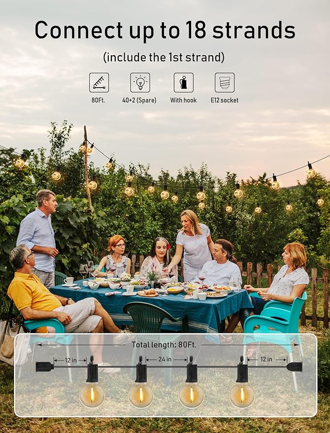 Brightown Outdoor String Lights - Connectable Commercial LED Patio String Lights with G40 Globe Plastic Bulbs, All Weatherproof Hanging Lights for Outside Backyard Porch (80 FT - 40 LED Bulbs)-VerdiqueGarden