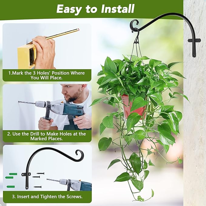 HOOPLE Plant Hangers Outdoor Heavy Duty 2 Pack, Extra Long 12 Inch Cast Iron Hanging Plant Bracket, Metal Black Plant Brackets Hook for Hanging Flower Baskets, Hanging Bracket, Elegant Design-VerdiqueGarden