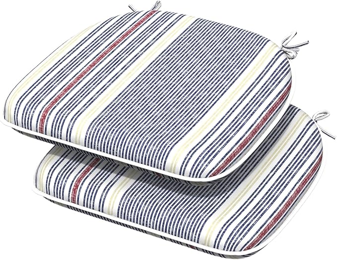 Indoor/Outdoor Chair Cushions 16x17 Inch, Patio Chair Cushions with Ties, All Weather Seat Cushions for Patio Furniture Home Garden Chair Use, Set of 2, Stripe Denim Blue-VerdiqueGarden