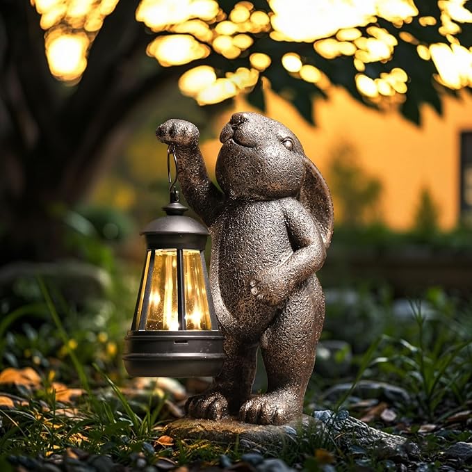 Garden Statues Rabbit with Solar Lantern,Lawn Garden Decor Outdoor Statue for Patio, Balcony, Yard Ornament,Ideal Rabbit Housewarming Gifts & Birthday Gifts for Grandma Mom Women-VerdiqueGarden