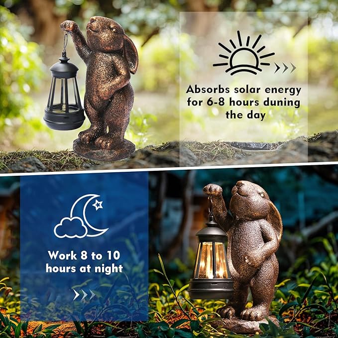 Garden Statues Rabbit with Solar Lantern,Lawn Garden Decor Outdoor Statue for Patio, Balcony, Yard Ornament,Ideal Rabbit Housewarming Gifts & Birthday Gifts for Grandma Mom Women-VerdiqueGarden