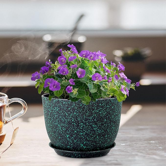 12 inch Large Plant Pots, Plastic Planters with Drainage Holes and Saucers, Flower Pots for Indoor Outdoor Plants, Decorative Pots for Garden House Plants, Black with Green Speckles-VerdiqueGarden