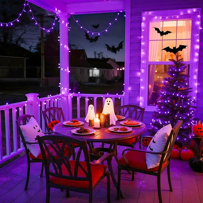 JMEXSUSS Connectable 100 LED Purple Halloween Lights Indoor, 8 Modes Plug in Purple Christmas String Lights Clear Wire, 33ft Christmas Tree Light Outdoor for Halloween Tree, Garden, Bedroom-VerdiqueGarden