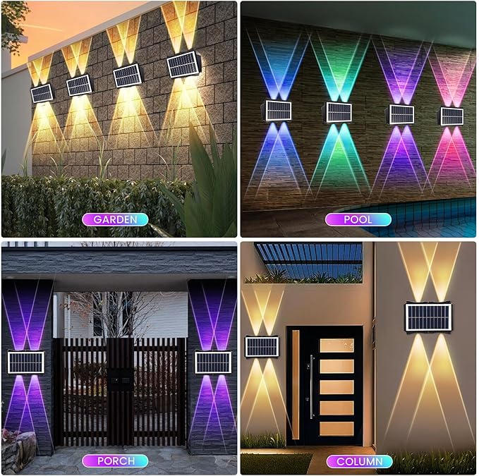Solar Powered Outdoor LED Lights, Waterproof Wall Sconces, 4 LEDs Fence Lights, Up & Down Lighting for Backyard, Deck, Patio, Porch, Balcony, Garden (4 Pack)-VerdiqueGarden