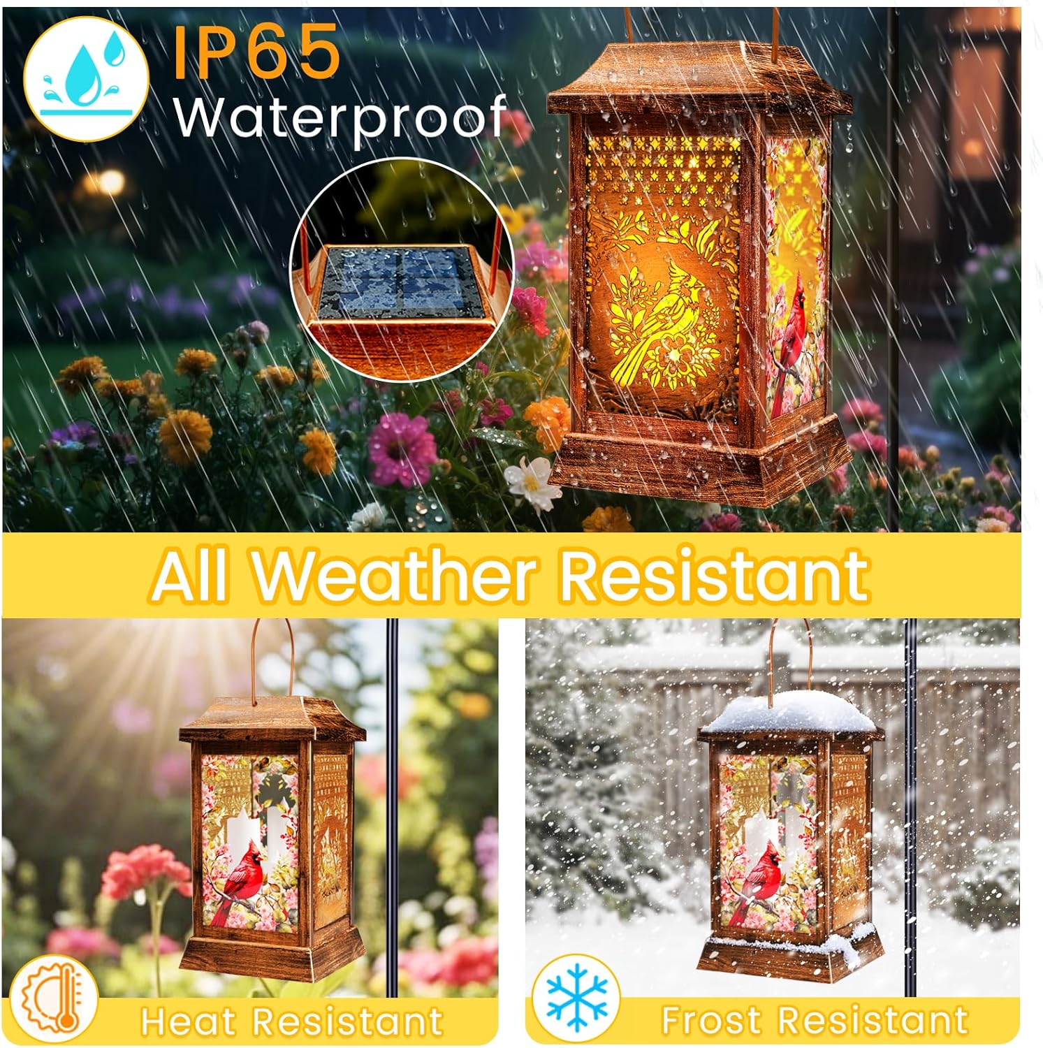 Cardinal Solar Lanterns Outdoor Hanging Lanterns, Metal Glass Garden Decor Solar Lights, Gifts for Women Mom Birthday Grandma Mothers Day, Waterproof Decorative Lantern for Outside Patio Yard-VerdiqueGarden