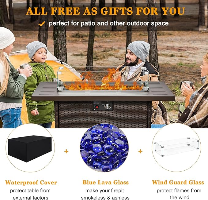 LayinSun 44" Propane Gas Fire Pit Table, 55000 BTU Rectangular Fire Pit with Glass Wind Guard for Outside Patio Deck Garden Backyard Brown-Aluminum Top-VerdiqueGarden