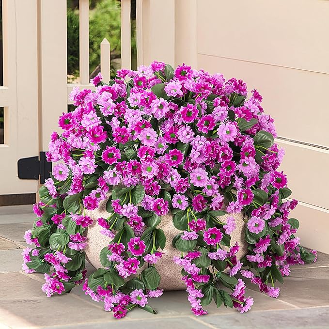Hanging Baskets Artificial Flowers for Outdoor Interior Decor, Artificial Daisies Flowers Shrubs Plants with Baskets for Home Porch Garden Patio Spring Summer Decoration(Double Lotus)-VerdiqueGarden