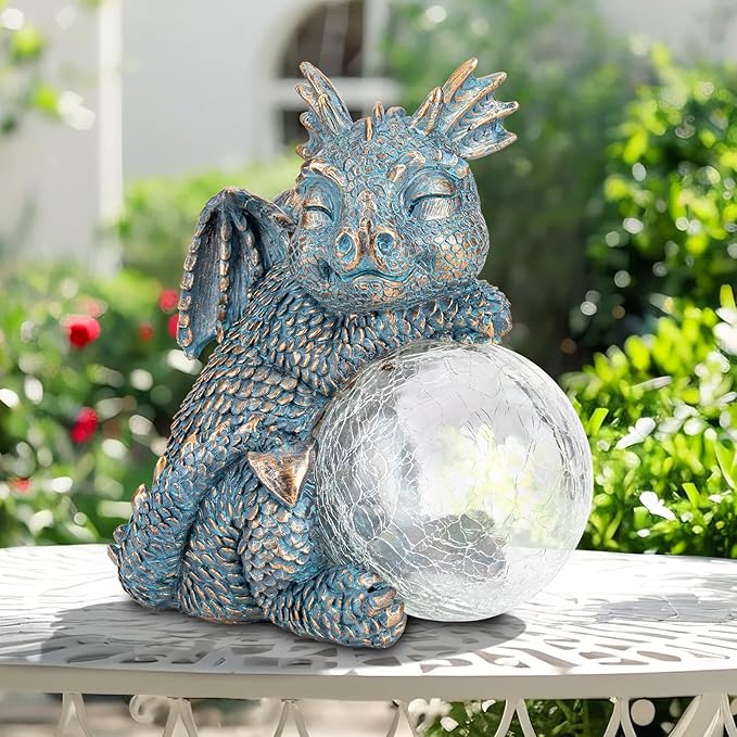 WONDER GARDEN Dragon Statue - Sleeping Dragon Figurines Solar Light Resin Garden Statues with Crackled Glass Globe Outdoor Waterproof Lawn Ornament Decor-VerdiqueGarden
