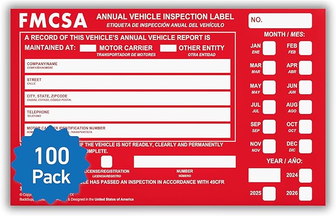100 Pack Buck Aluminum Annual Vehicle Inspection Label with Punch Boxes, 2 Mil Red FMCSA Self Adhesive Sticker, DOT Compliant, Weatherproof, Tear Resistant, Easy to Write On, 6" x 3.5" - Made in USA-VerdiqueGarden