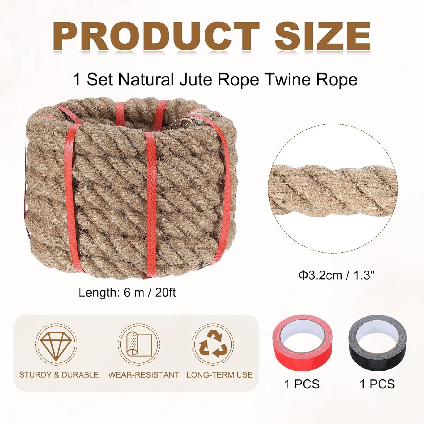 MECCANIXITY Jute Rope 1.3 Inch x 20ft, Thick Twine Rope Ropes Braided Jute Twine Natural Brown Burlap Cord String Heavy Twisted with Tapes for Decorative Crafts Railing Swing Tug of War-VerdiqueGarden