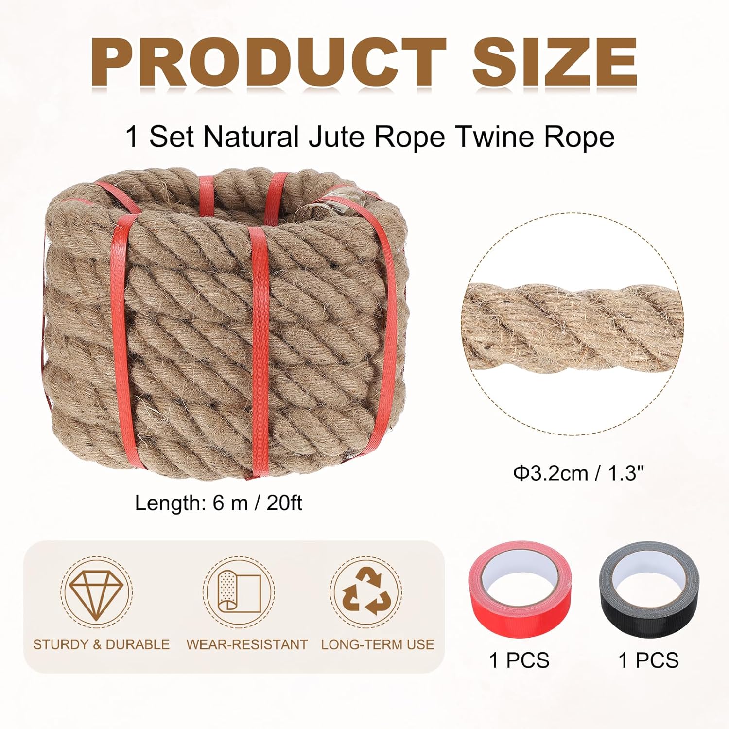MECCANIXITY Jute Rope 1.3 Inch x 20ft, Thick Twine Rope Ropes Braided Jute Twine Natural Brown Burlap Cord String Heavy Twisted with Tapes for Decorative Crafts Railing Swing Tug of War-VerdiqueGarden