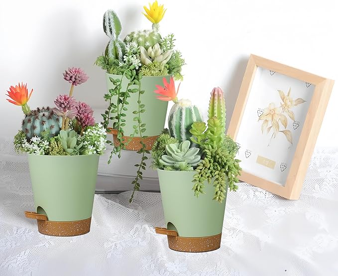 12 Pack 4 Inch Self Watering Plant Pots with Drainage and Saucers，Plastic Flower Pots for Indoor and Outdoor Plants, Nursery Planters for Houseplants and Herbs Green Brown, 4 inch 12pcs-VerdiqueGarden