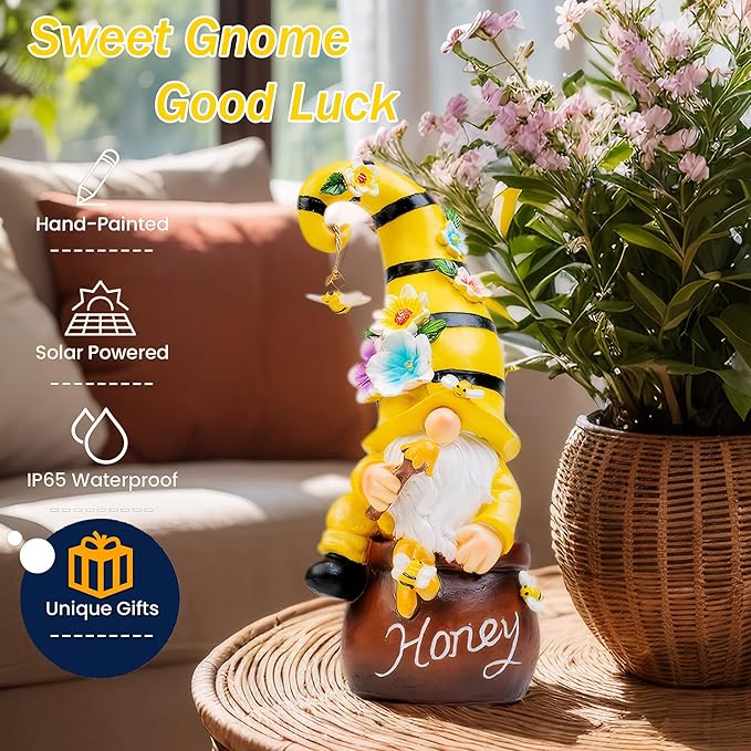 13" Garden Solar Spring Gnomes Statues Outdoor Spring Decor with LED Lighted Bee and Flowers Funny Garden Sculpture for Patio Yard Lawn Decorations Gifts-VerdiqueGarden