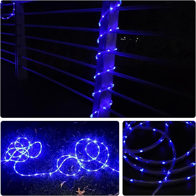 LED Rope Lights for Outside, 20Ft 360°Blue Solar Rope Lights Outdoor Waterproof, 86 LEDs 110V 8 Modes Remote Control Timer Christmas Rope Lights for Party Holiday Garden Decoration (Blue)-VerdiqueGarden