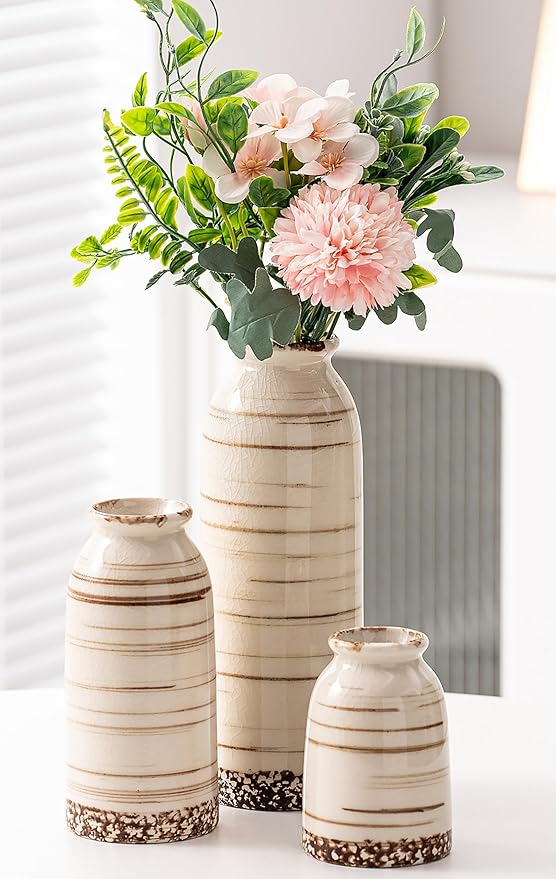Beige Ceramic Vase Set of 3, Farmhouse Decorative Vase for Pampas Grass, Living Room, Bathroom, Bookshelf, Centerpieces Beige-VerdiqueGarden