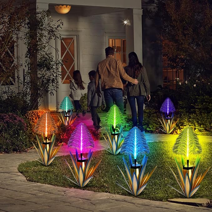 Homight Metal Outdoor Decoration Gift Christmas Decorations Outdoor Metal Agave Yard Art Garden Lights Solar Outdoor, 7 Color Changing Garden Yard Pathway Xmas Decor Waterproof (2 pcs Blue)-VerdiqueGarden