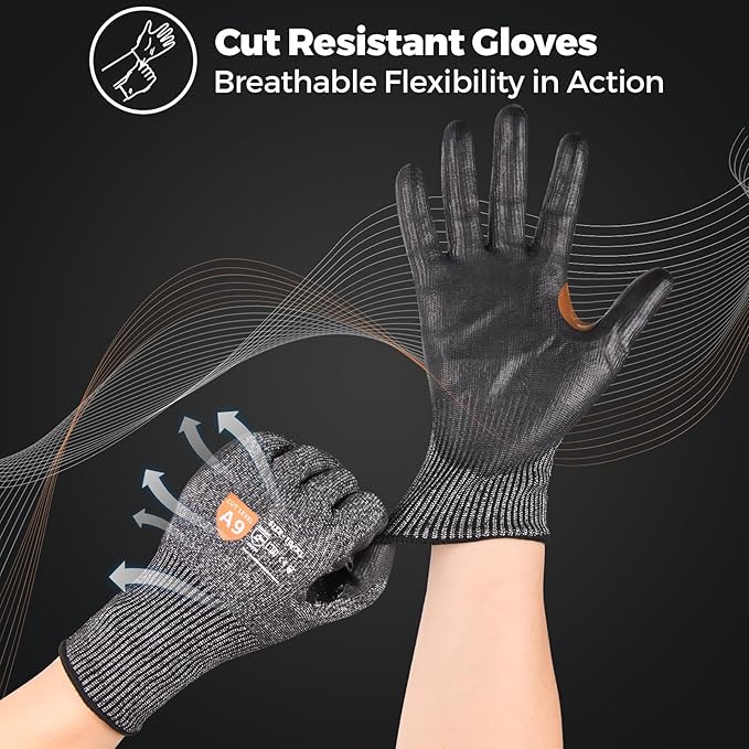 Donfri A9 Cut Resistant Work Gloves for Men - Steel + HPPE Hybrid Safety Gloves for Men, ANSI Cut Level 9 Protection Flexible for Metal Glass Wood Construction Fishing-VerdiqueGarden