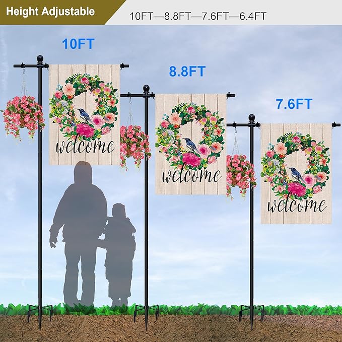 10FT Flag Pole Stand for Garden – Adjustable Outdoor Flagpole with 5-Prong Base, Freestanding Aluminum Banner Holder for 3x5ft & 28"x40" Flags – Wind-Resistant & Lightweight – Black-VerdiqueGarden