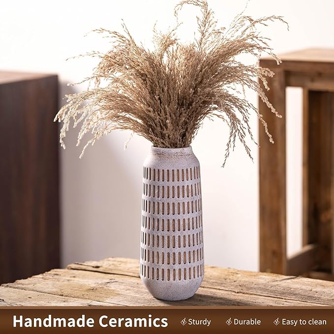 Rustic Ceramic Flower Vase, Terracotta Farmhouse Decorative Vintage Vases, Stone Clay Floral Vase, Concrete Grey Home Decor Vases for Living Room, Entryway, Kitchen, Bedroom, Bathroom Shelf 9.6 Inch-VerdiqueGarden