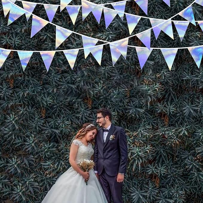 33Ft Iridescent Party Decoration Holographic Fabric Triangle Pennant Banner Flag Cotton Bunting Garland for Birthday Wedding Bridal Shower Bachelorette Engagement Disco Euphoria Galaxy Party Supplies-VerdiqueGarden