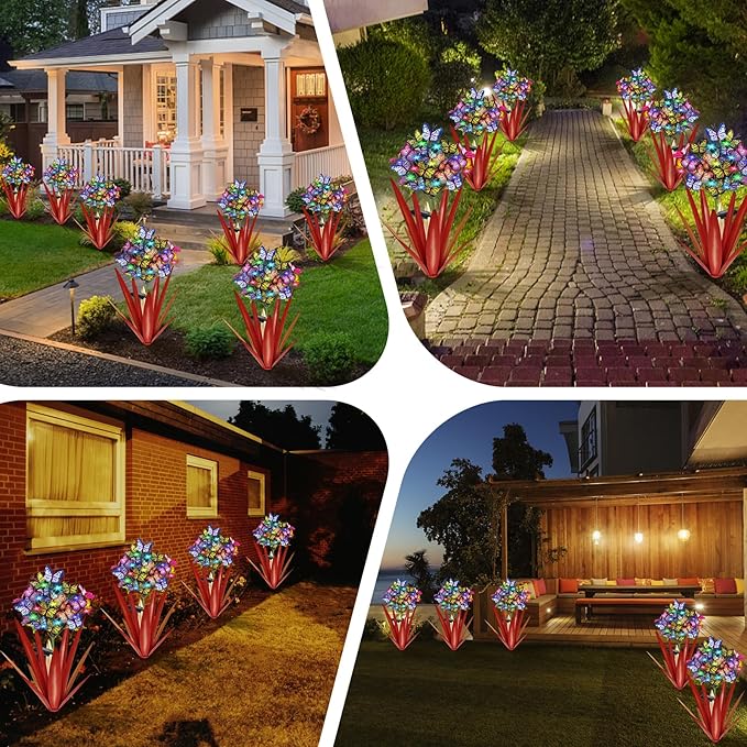 Homight Solar Metal Agave Butterfly Flower Stick Garden Sculpture - Outdoor Gift, Christmas Lights - Swaying Butterfly Garden Lights - Solar Outdoor (3 PCS RED)-VerdiqueGarden