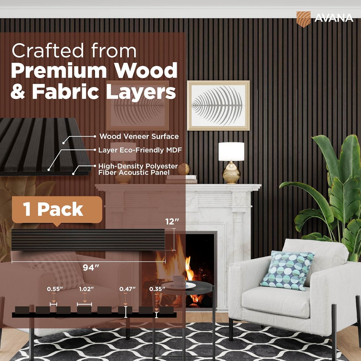 Avana Modern Acoustic Wood Wall Panels – 94.4 x 12.6 Inch Smoke Oak Acoustic Panels 1 PC – Wall Panels For Interior Wall Decor For Homes, Offices, Studios – Sturdy & Durable Wood Panels For Wall-VerdiqueGarden